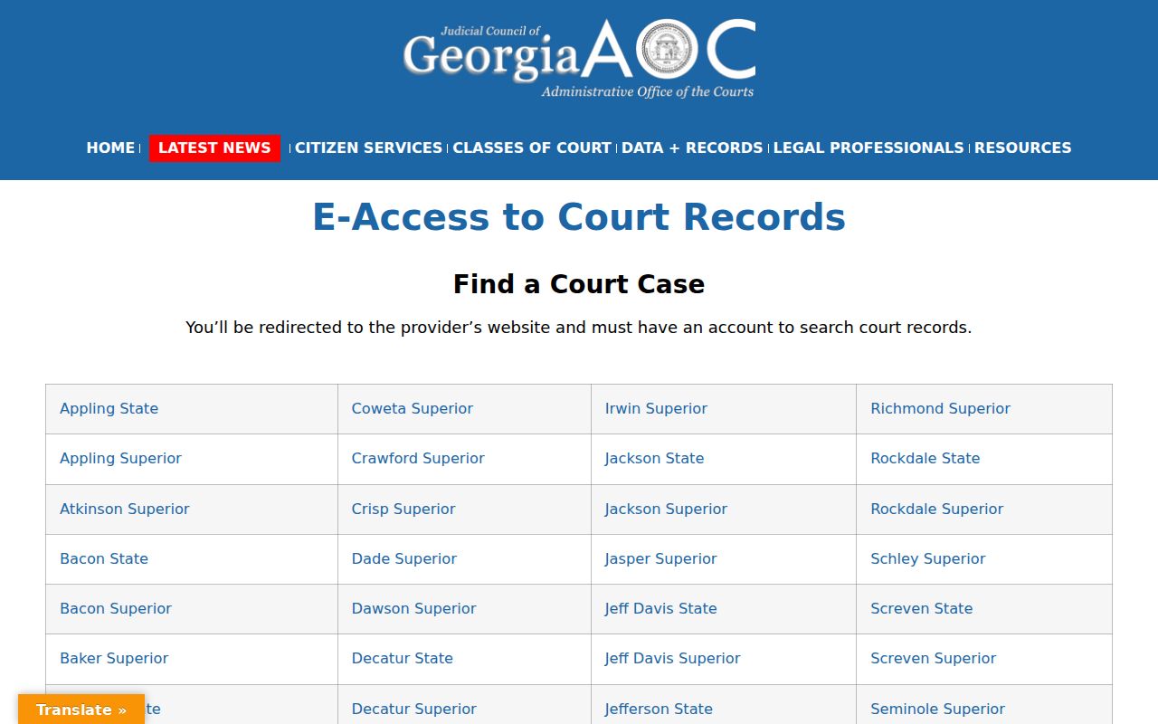 Georgia Courts E-Access court records page